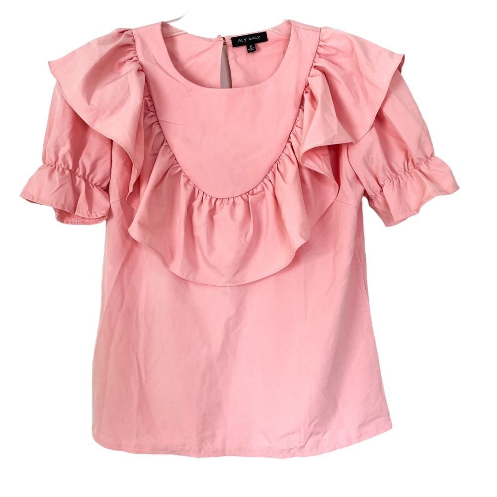 Aly Daly Pink Puff Sleeve Ruffle Blouse Short Sleeve Romantic Cottagecore Top Sm